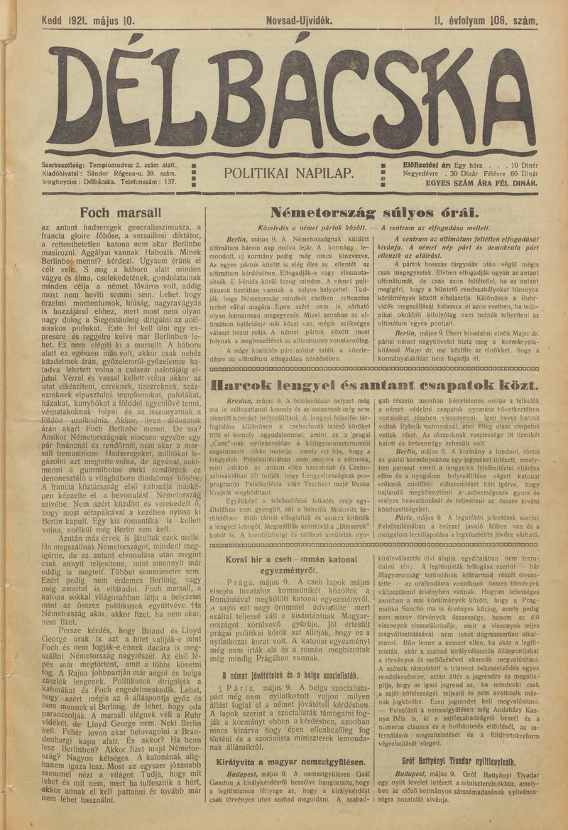 Délbácska, 2. évf. 1921. május 10. 106. sz.