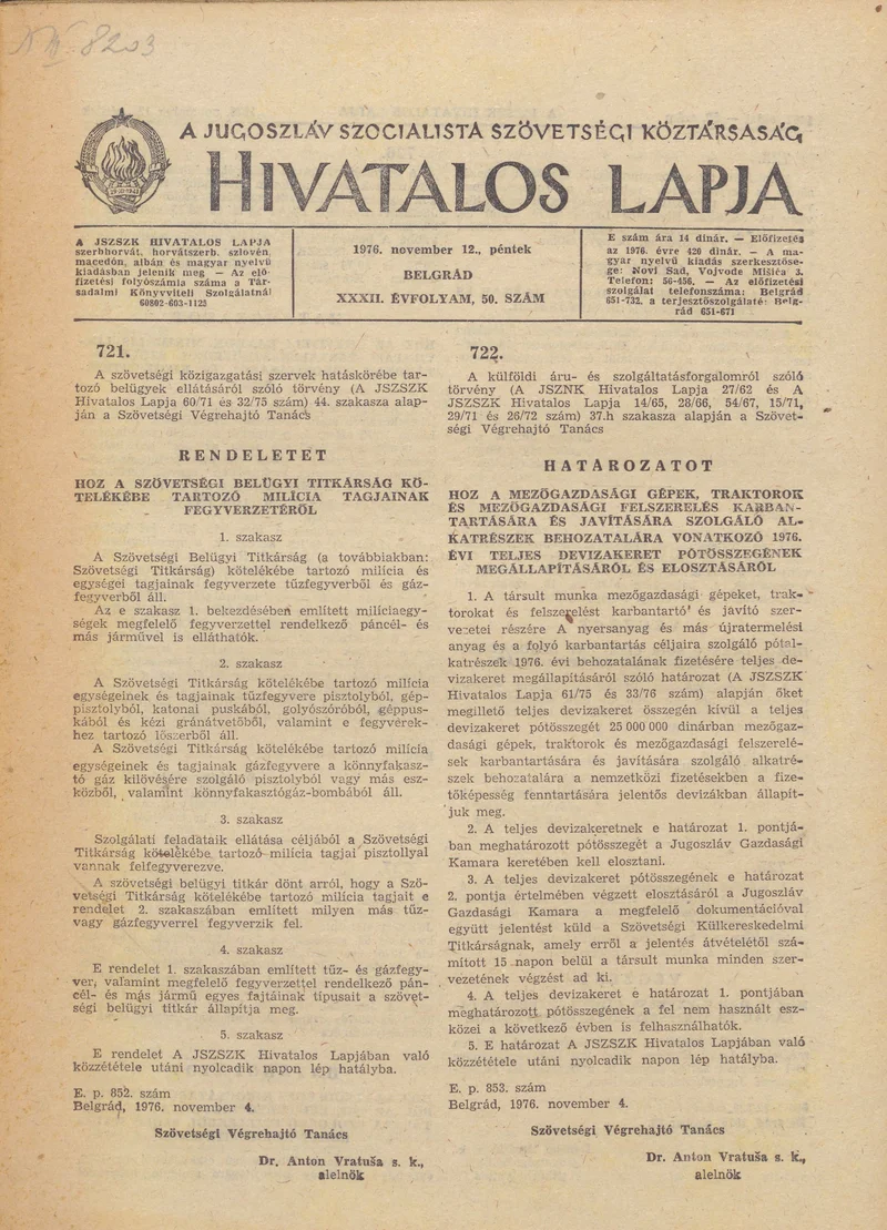 A Jugoszláv Szocialista Szövetségi Köztársaság Hivatalos Lapja, 32. évf. 1976. november 12. 50. sz. 1461–1468. oldal