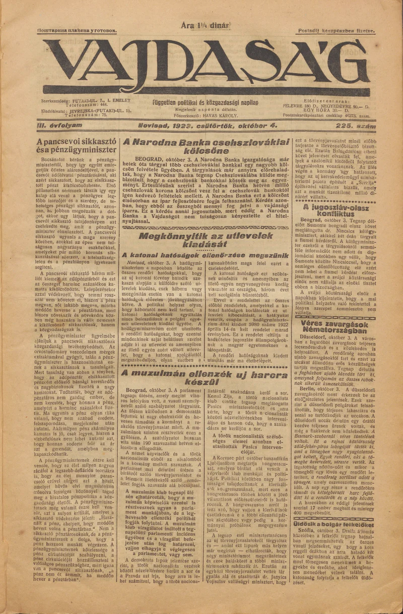 Vajdaság, 3. évf. 1923. október 4. 225. sz.