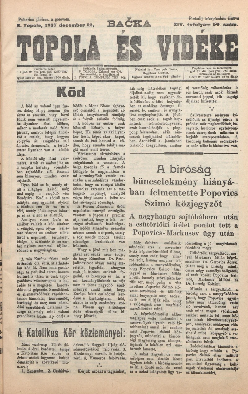 Bačka Topola és Vidéke, 14. évf. 1937. december 12. 50. sz.