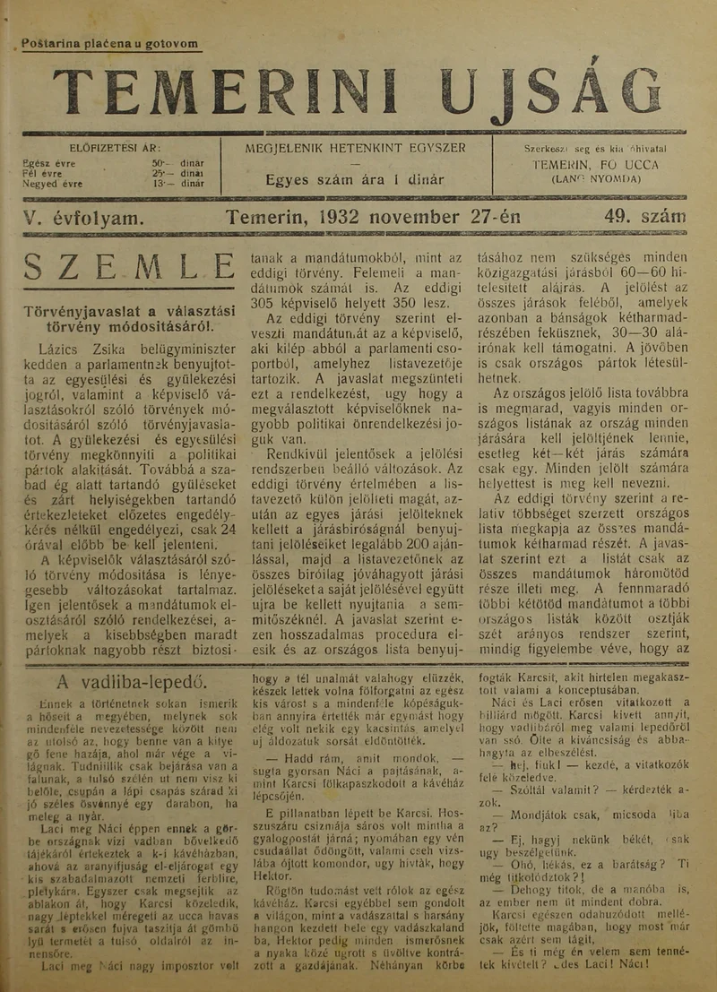 Temerini Újság 1928-1944, 5. évf. 1932. november 27. 49. sz.