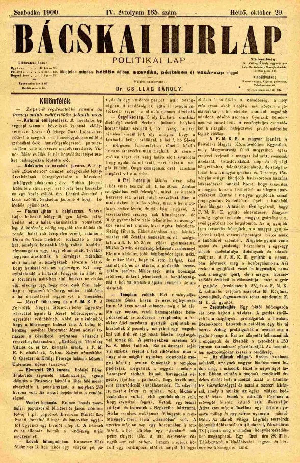 Bácskai Hirlap, 4. évf. 1900. október 29. 165. sz.