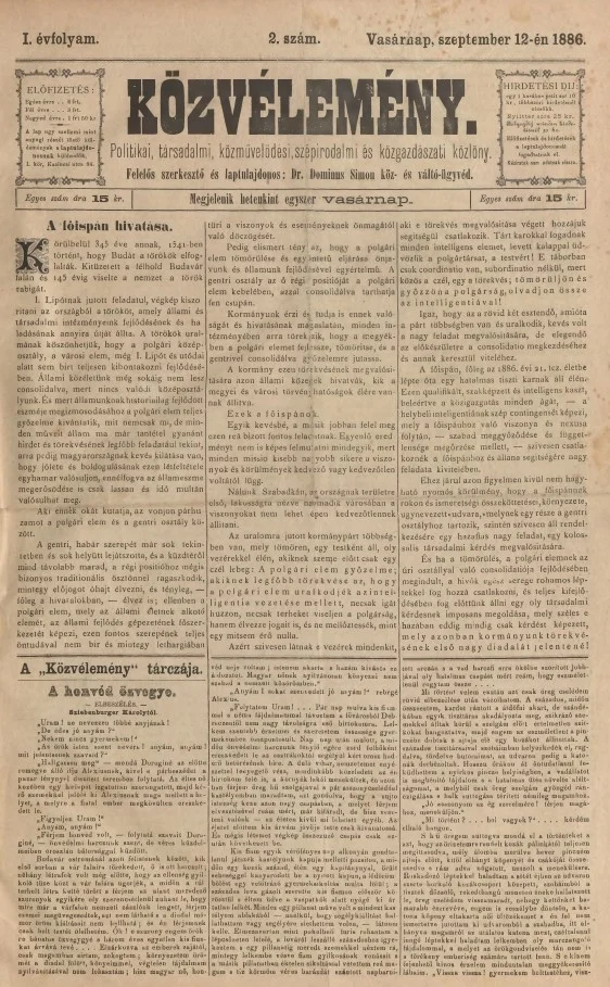 Közvélemény, 1. évf. 1886. szeptember 12. 2. sz.