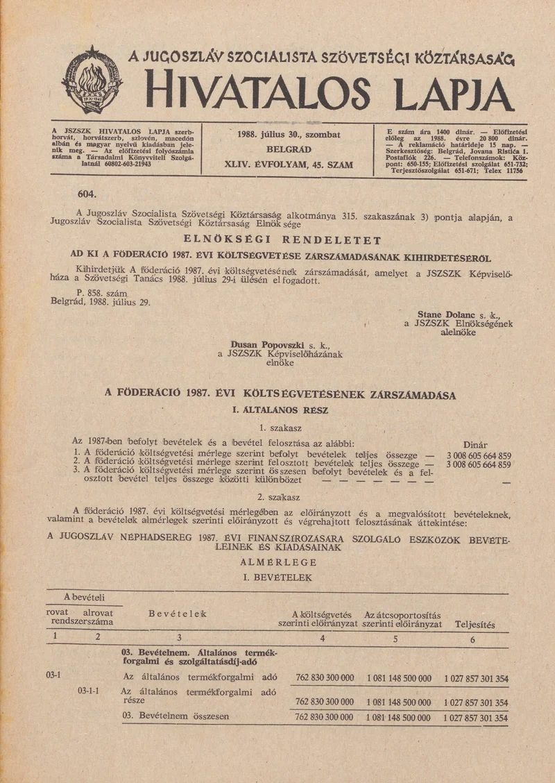 A Jugoszláv Szocialista Szövetségi Köztársaság Hivatalos Lapja, 30. évf. 1988. július 30. 45. sz. 1237–1292. oldal