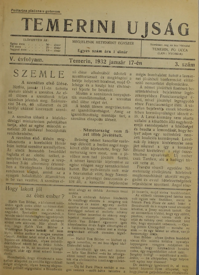 Temerini Újság 1928-1944, 5. évf. 1932. január 17. 3. sz.