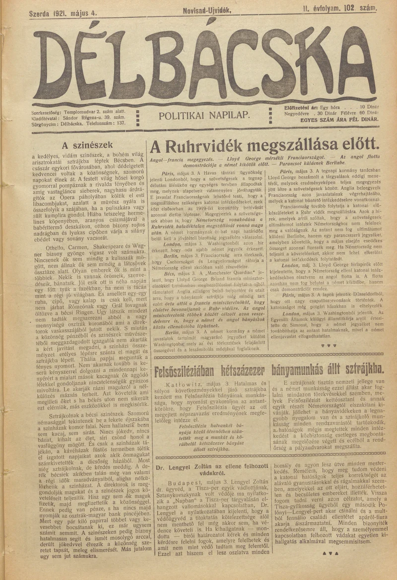 Délbácska, 2. évf. 1921. május 4. 102. sz.