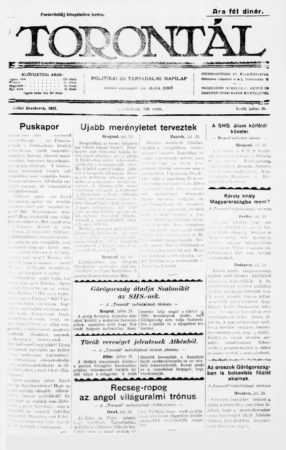 Torontál, 50. évf. 1921. július 26. 160. sz.