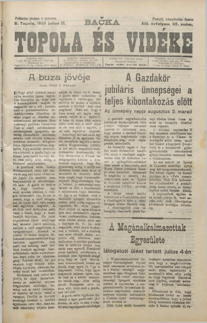 Bačka Topola és Vidéke, 13. évf. 1936. július 12. 28. sz.