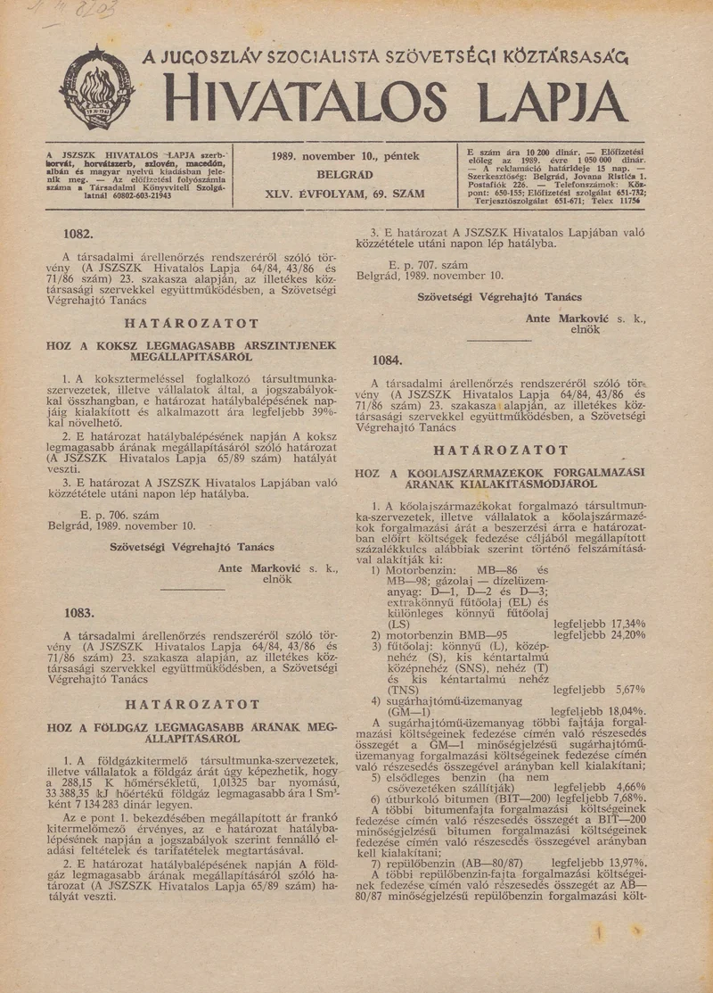 A Jugoszláv Szocialista Szövetségi Köztársaság Hivatalos Lapja, 45. évf. 1989. november 10. 69. sz. 1721–1728. oldal