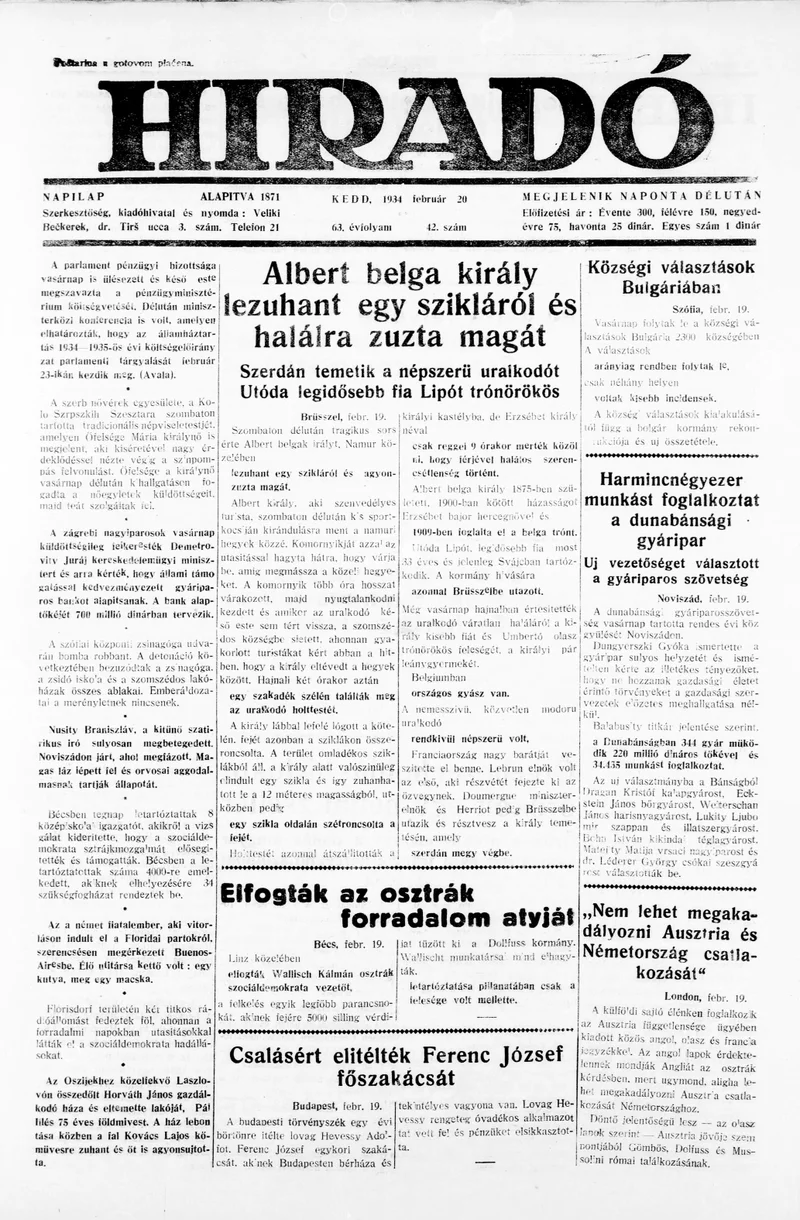 Híradó, 63. évf. 1934. február 20. 42. sz.