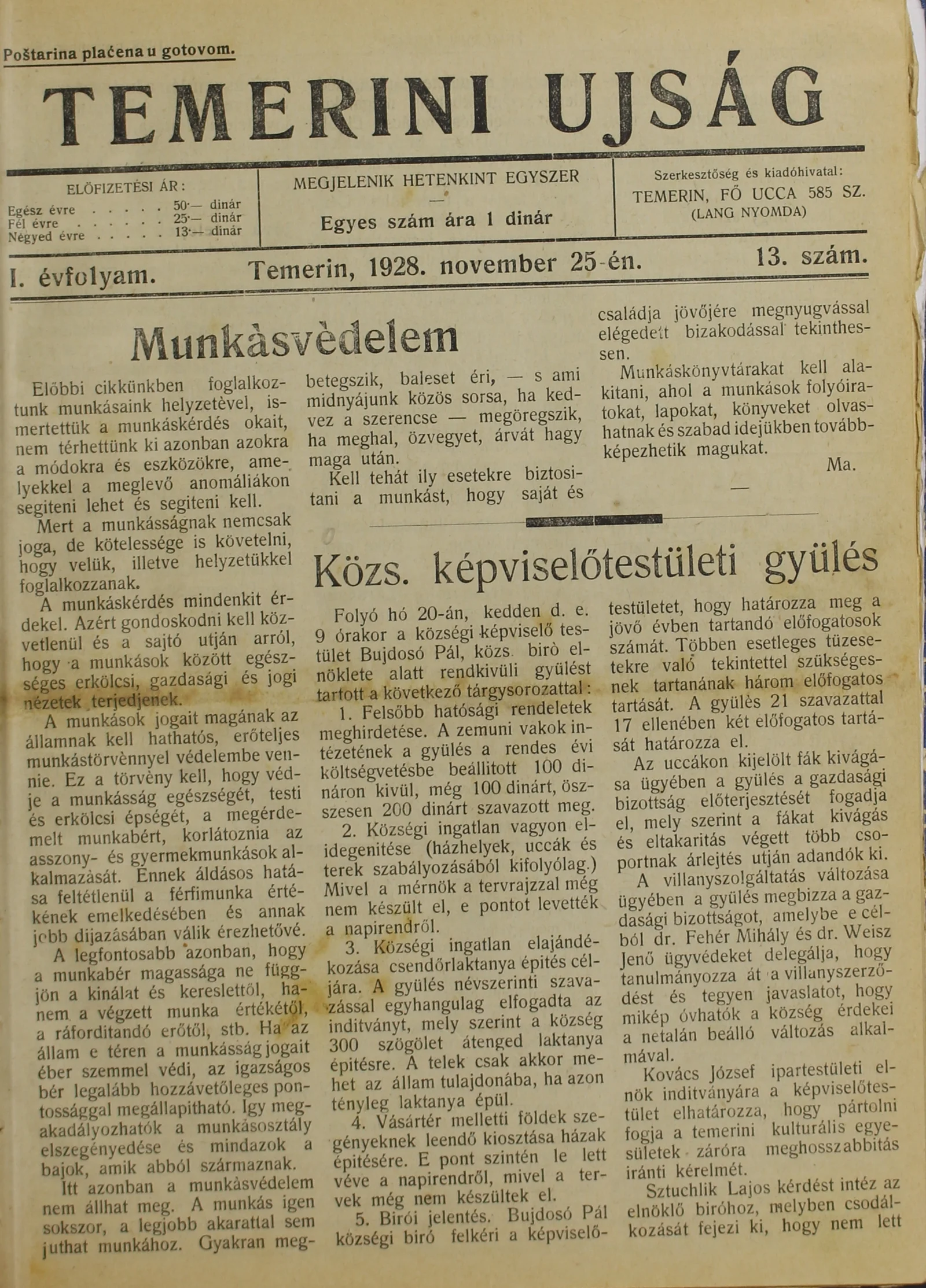Temerini Újság 1928-1944, 1. évf. 1928. november 25. 13. sz.