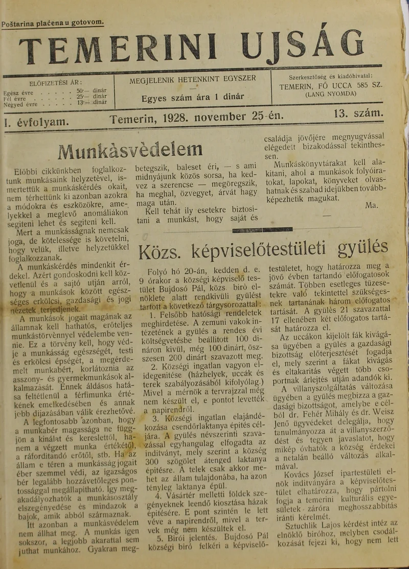 Temerini Újság 1928-1944, 1. évf. 1928. november 25. 13. sz.