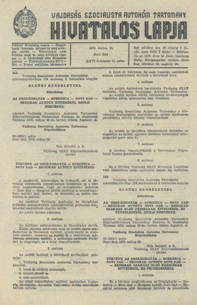 Vajdaság Szocialista Autonóm Tartomány Hivatalos Lapja, 27. évf. 1971. május 21. 9. sz. 145–146. oldal
