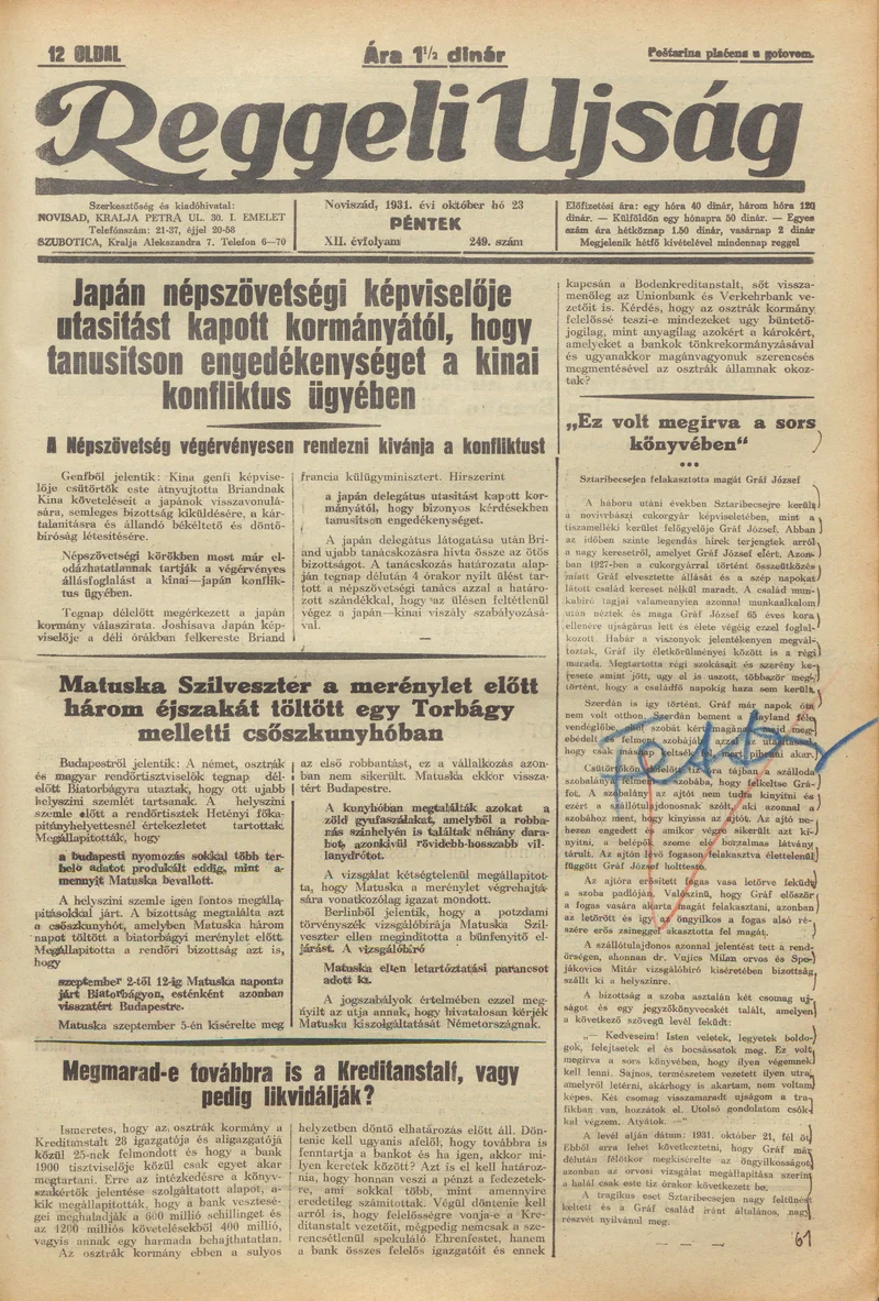 Reggeli Újság, 12. évf. 1931. október 23. 249. sz.