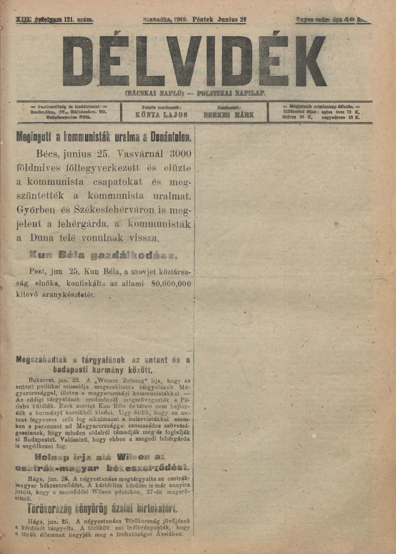 Délvidék, 13. évf. 1919. június 27. 121. sz.