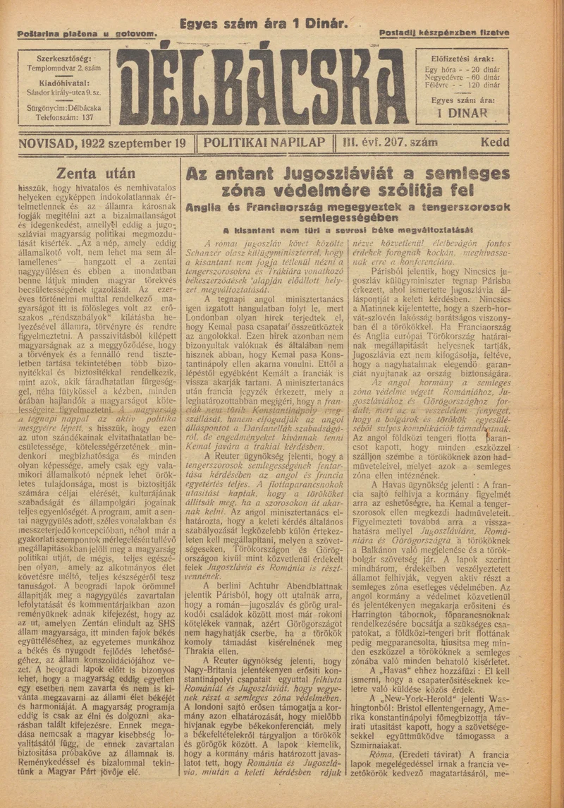 Délbácska, 3. évf. 1922. szeptember 22. 210. sz.
