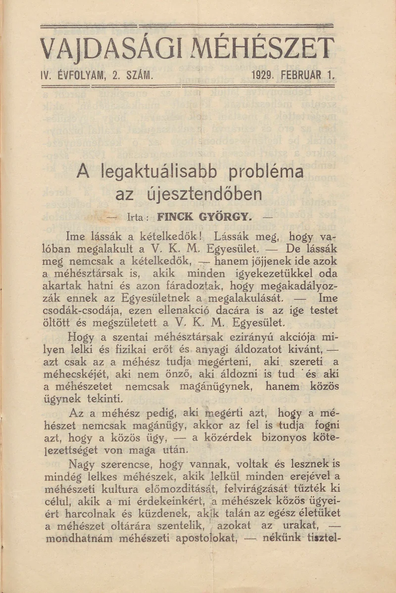 Vajdasági méhészet, 4. évf. 1929. február 1. 2. sz.