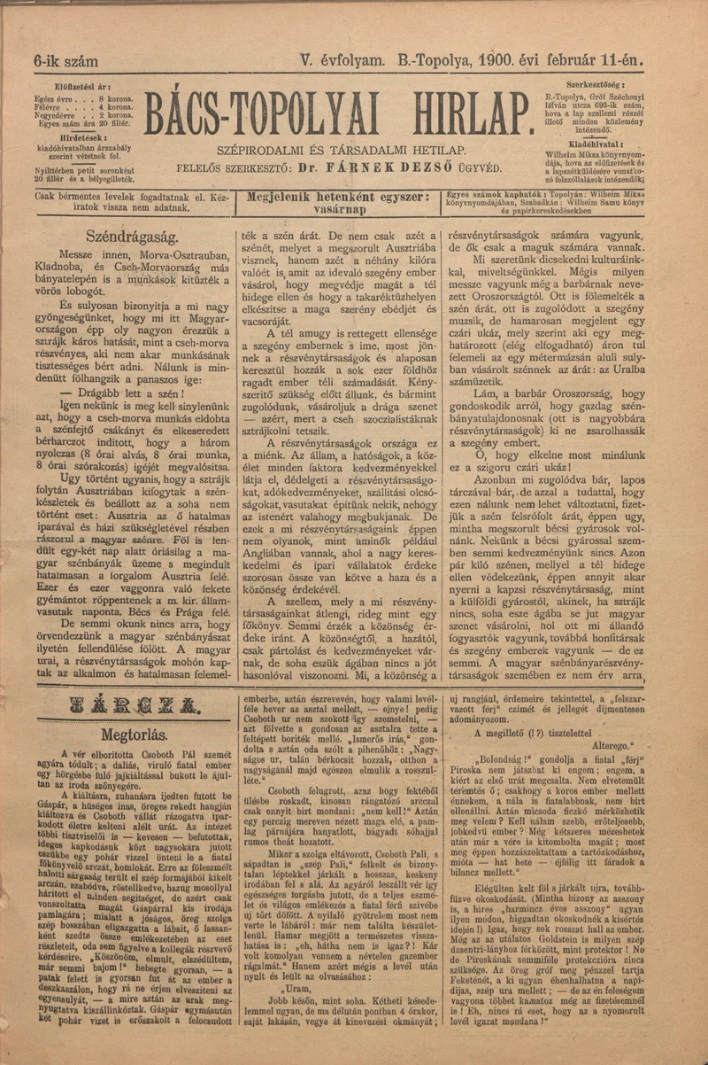 Bács-Topolyai Hirlap, 5. évf. 1900. február 11. 6. sz.