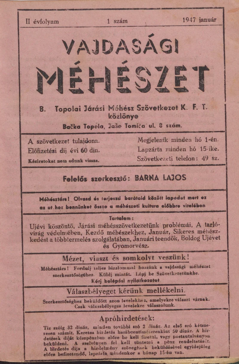 Vajdasági méhészet Bácska Topolya, 2. évf. 1947. január 1. 1. sz.