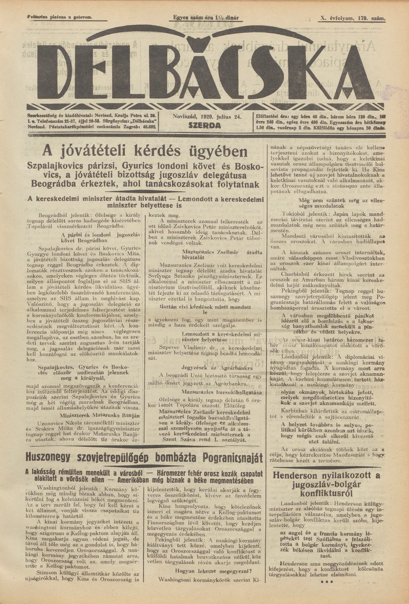 Délbácska, 10. évf. 1929. július 24. 170. sz.