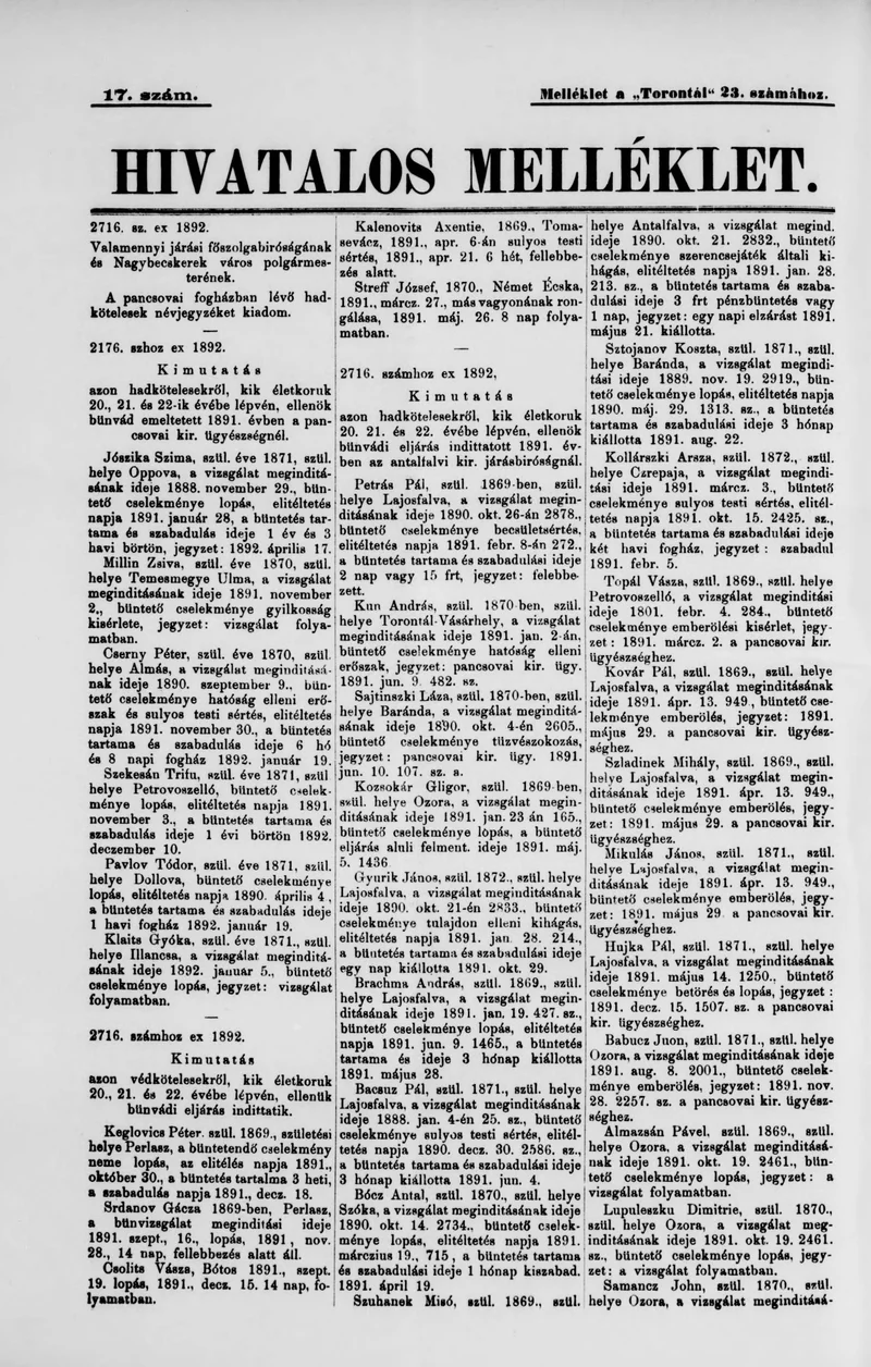 A Totontál  hivatalos melléklete, 5. évf. 1892. február 22. 17. sz.