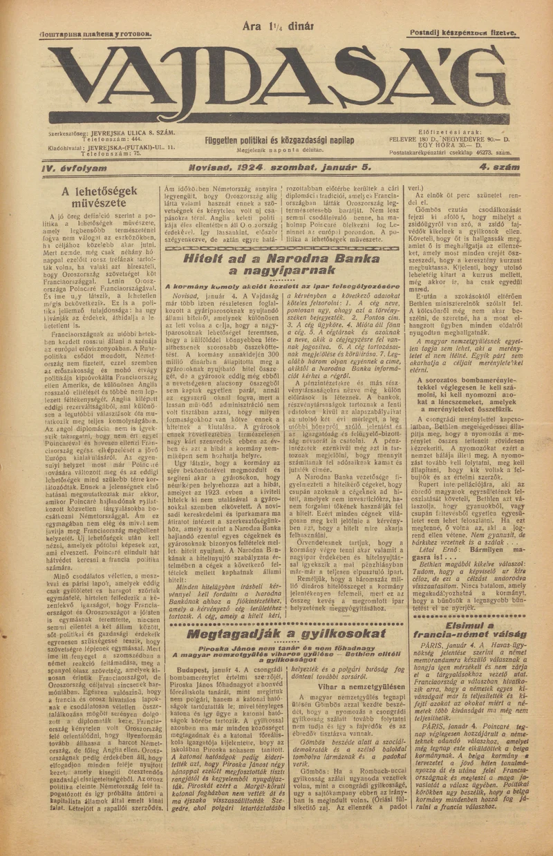 Vajdaság, 4. évf. 1924. január 5. 4. sz.