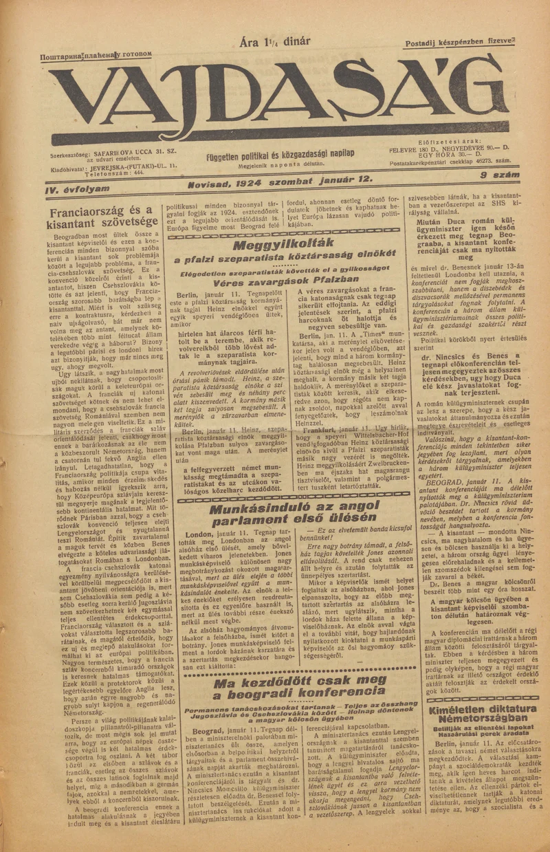 Vajdaság, 4. évf. 1924. január 12. 9. sz.