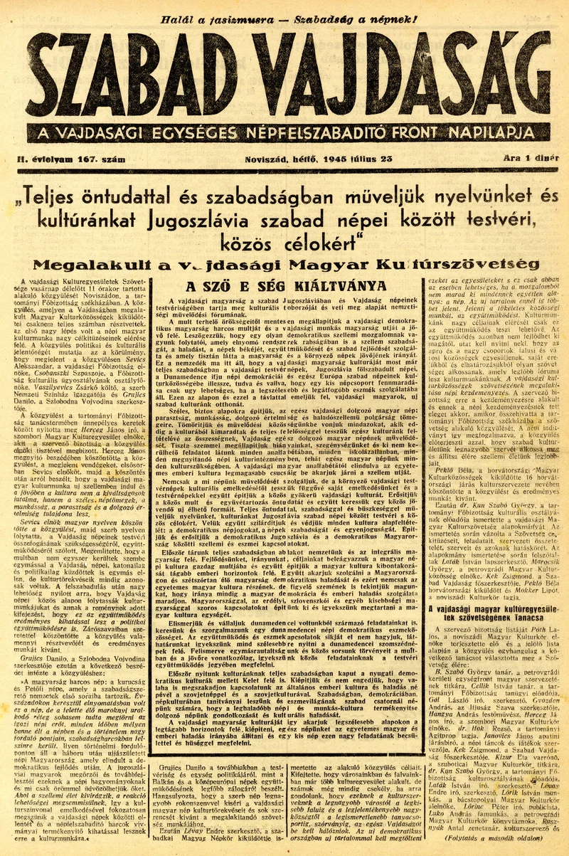 Szabad Vajdaság, 2. évf. 1945. július 23. 167. sz.
