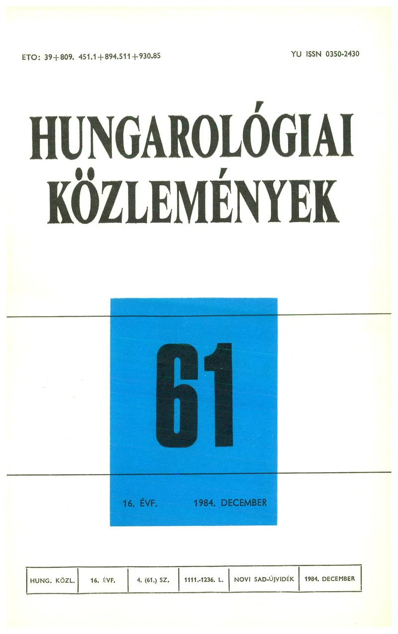 Hungarológiai Közlemények, 16. évf. 1984. december 1. 61. sz. 1111–1231. oldal