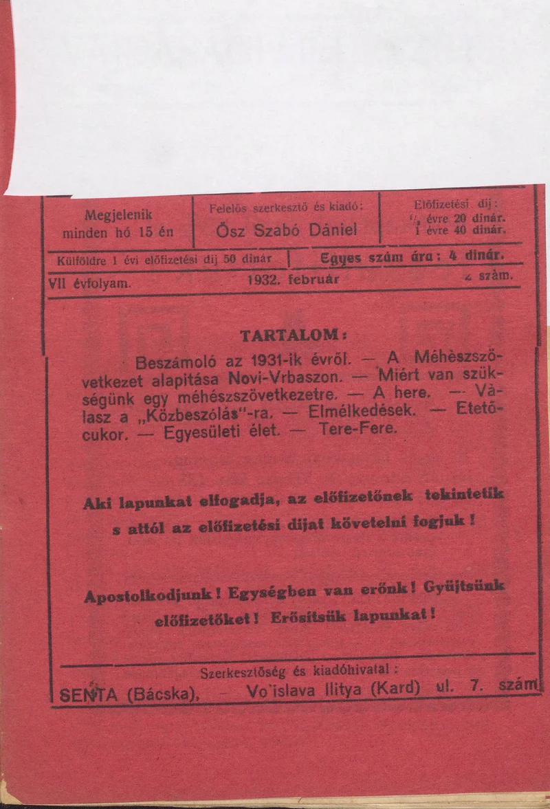 Vajdasági méhészet, 7. évf. 1932. február 1. 2. sz.
