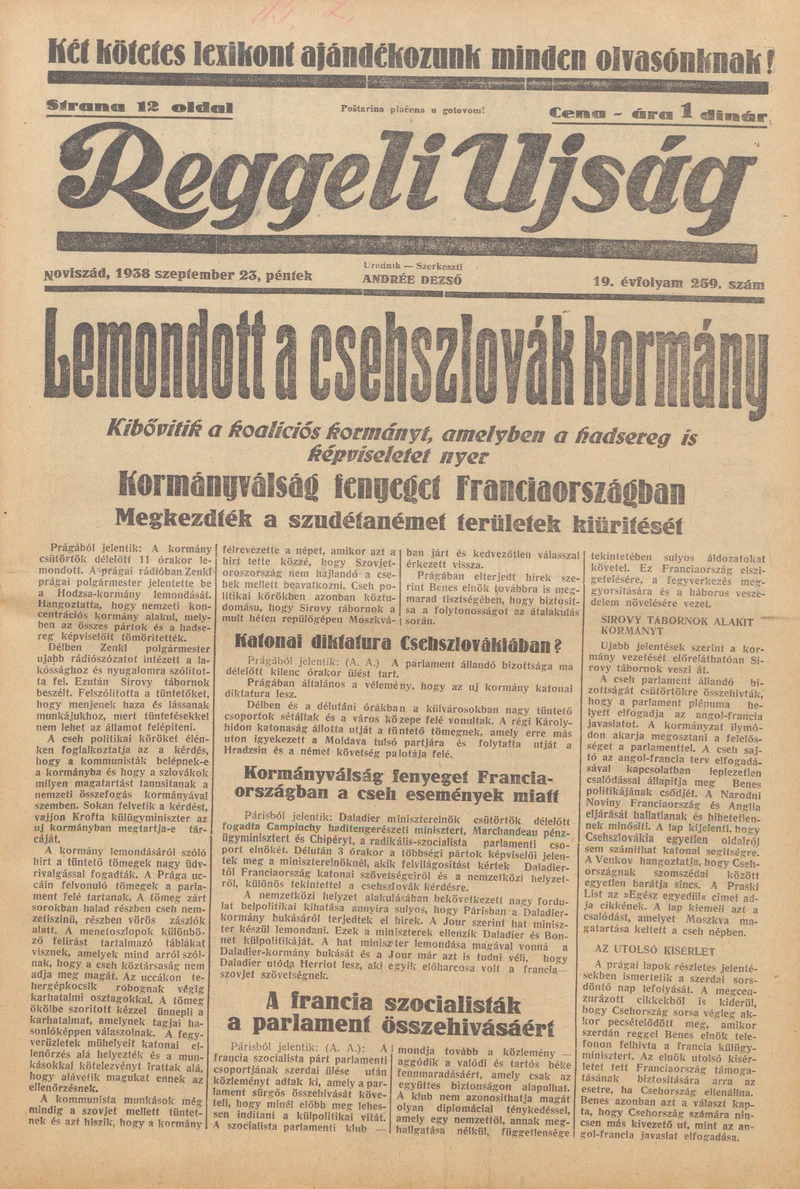 Reggeli Újság, 19. évf. 1938. szeptember 23. 259. sz.