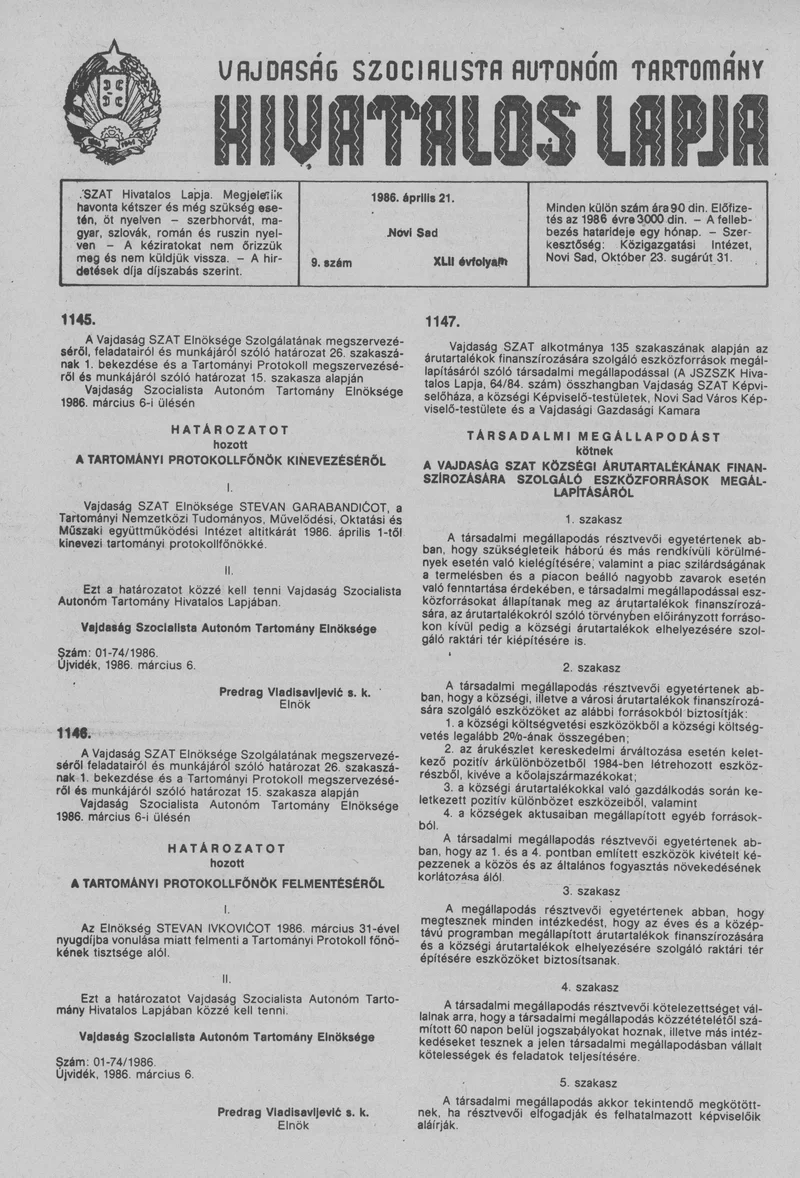 Vajdaság Szocialista Autonóm Tartomány Hivatalos Lapja, 42. évf. 1986. április 21. 9. sz.