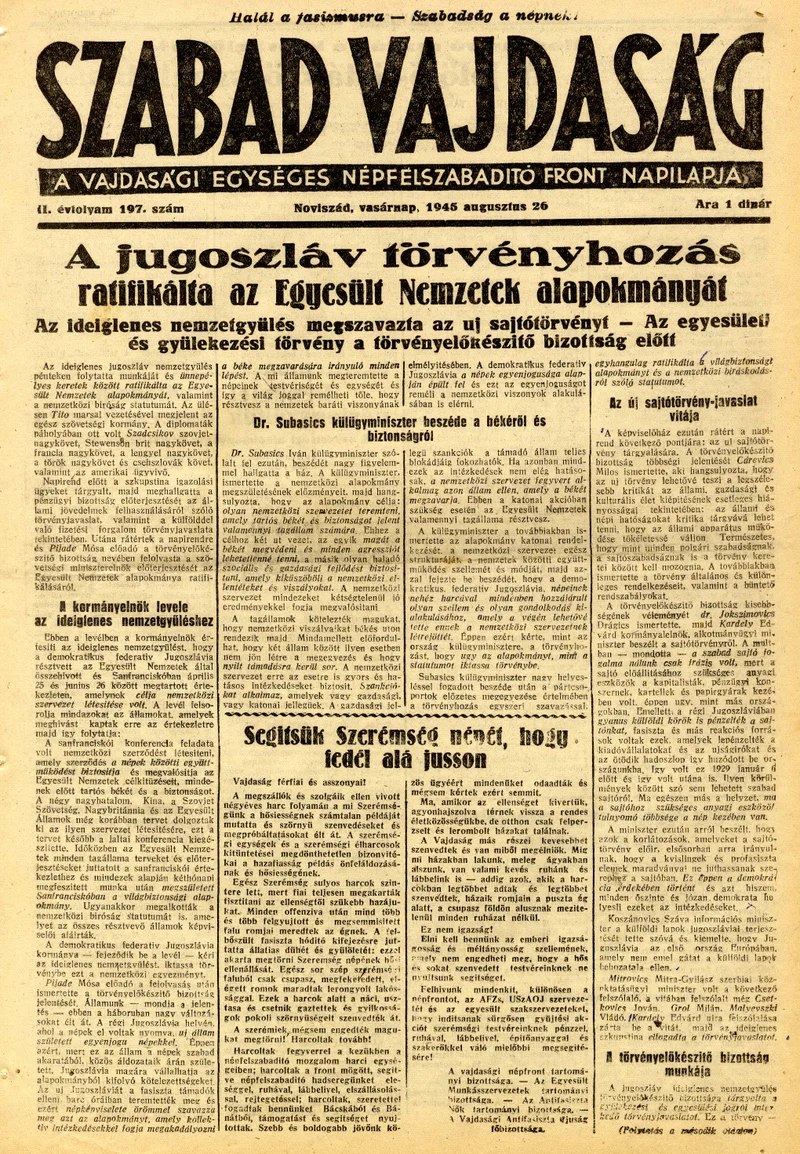 Szabad Vajdaság, 2. évf. 1945. augusztus 26. 197. sz.