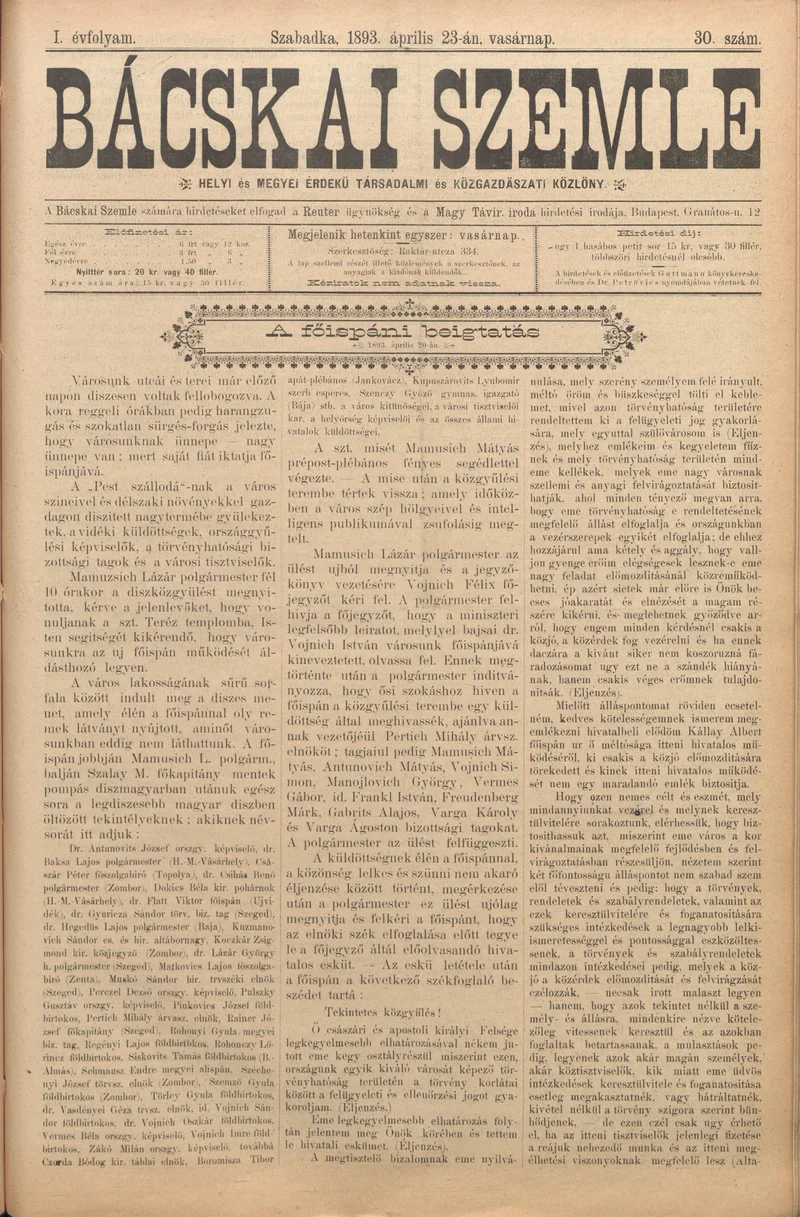 Bácskai Szemle, 1. évf. 1893. április 23. 30. sz.