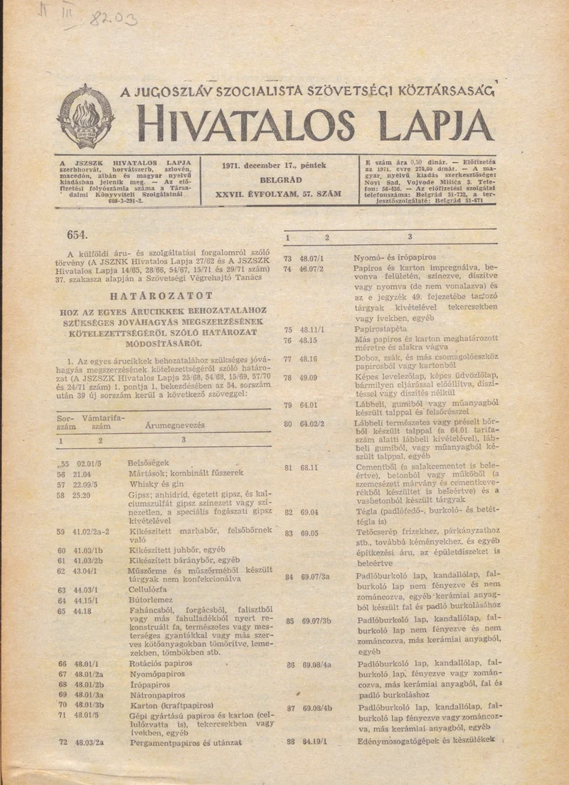 A Jugoszláv Szocialista Szövetségi Köztársaság Hivatalos Lapja, 27. évf. 1971. december 17. 57. sz. 1089–1092. oldal