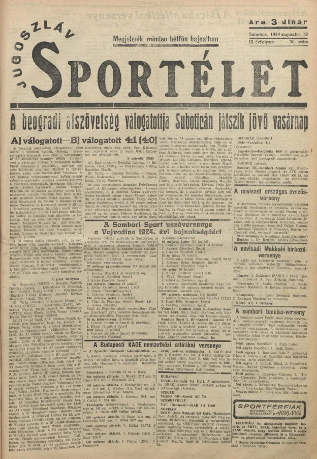 Jugoszláv sportélet, 3. évf. 1924. augusztus 18. 30. sz.