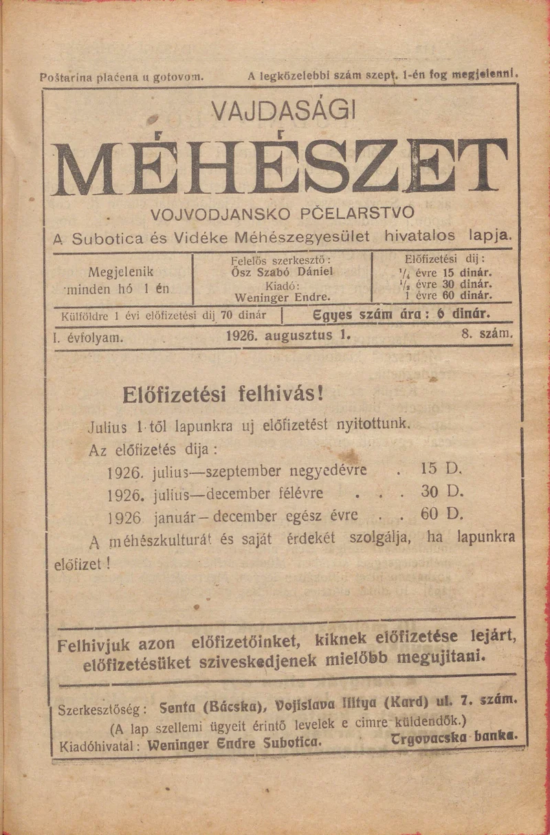 Vajdasági méhészet, 1. évf. 1926. augusztus 1. 8. sz.