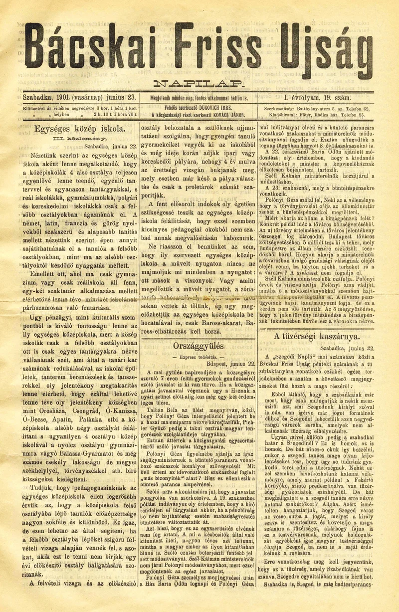 Bácskai Friss Ujság, 1. évf. 1901. június 23. 19. sz.