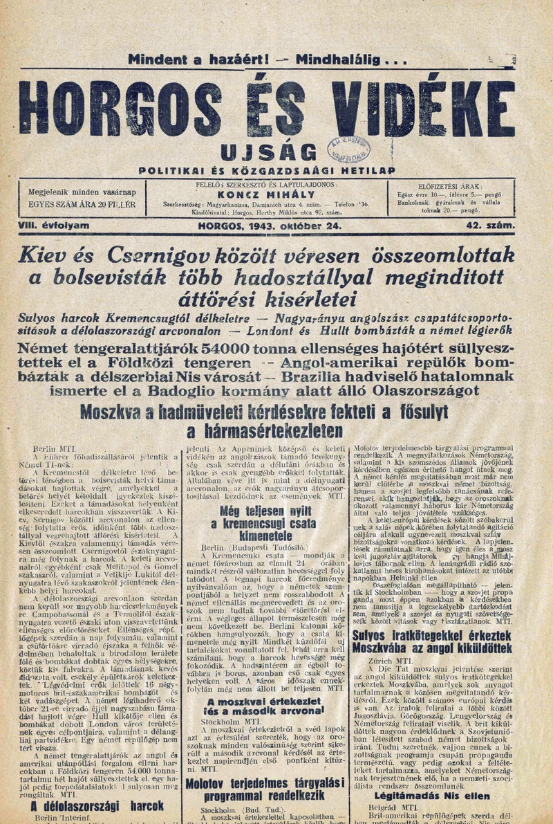 Horgos és vidéke, 8. évf. 1943. október 24. 42. sz.