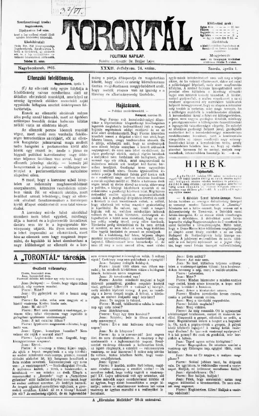 Torontál, 32. évf. 1903. április 1. 74. sz.