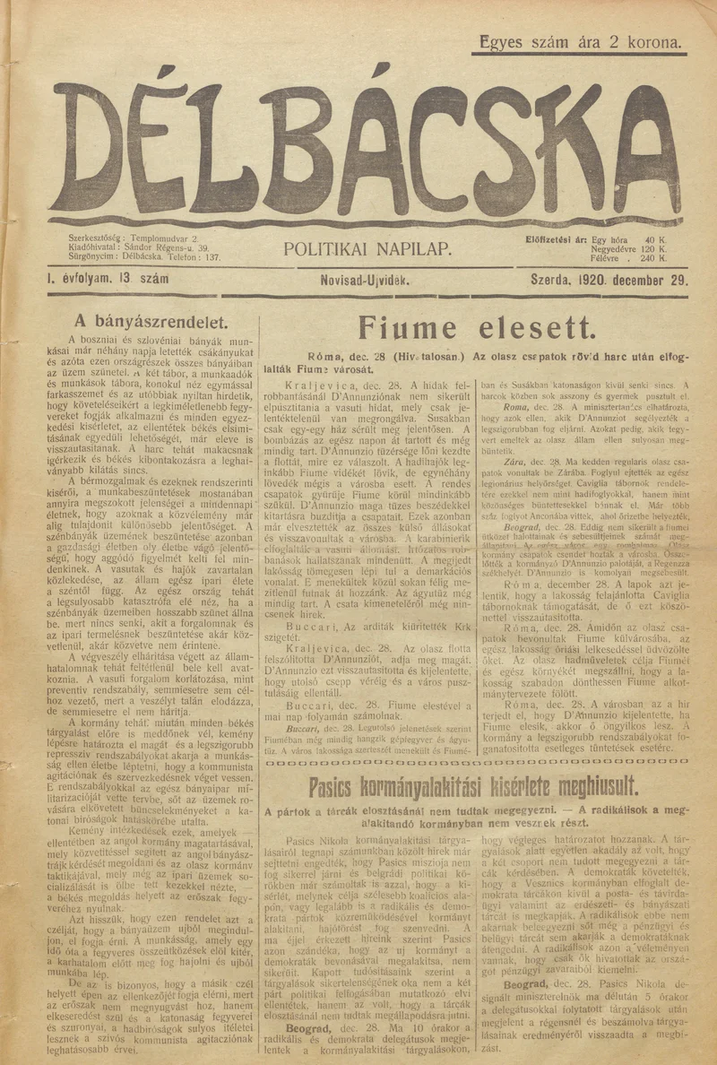 Délbácska, 1. évf. 1920. december 29. 13. sz.