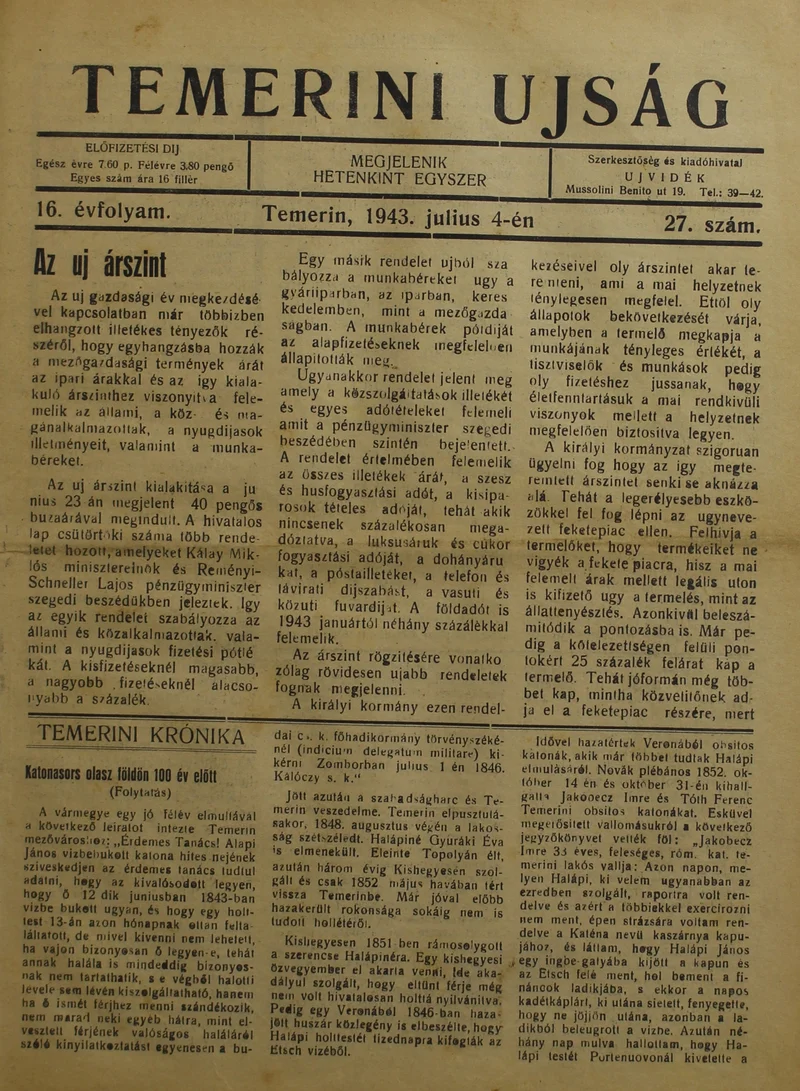 Temerini Újság 1928-1944, 16. évf. 1943. július 4. 27. sz.