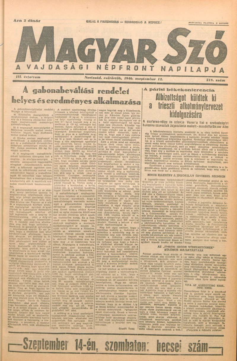 Magyar Szó, 3. évf. 1946. szeptember 12. 216. sz. 1–6. oldal