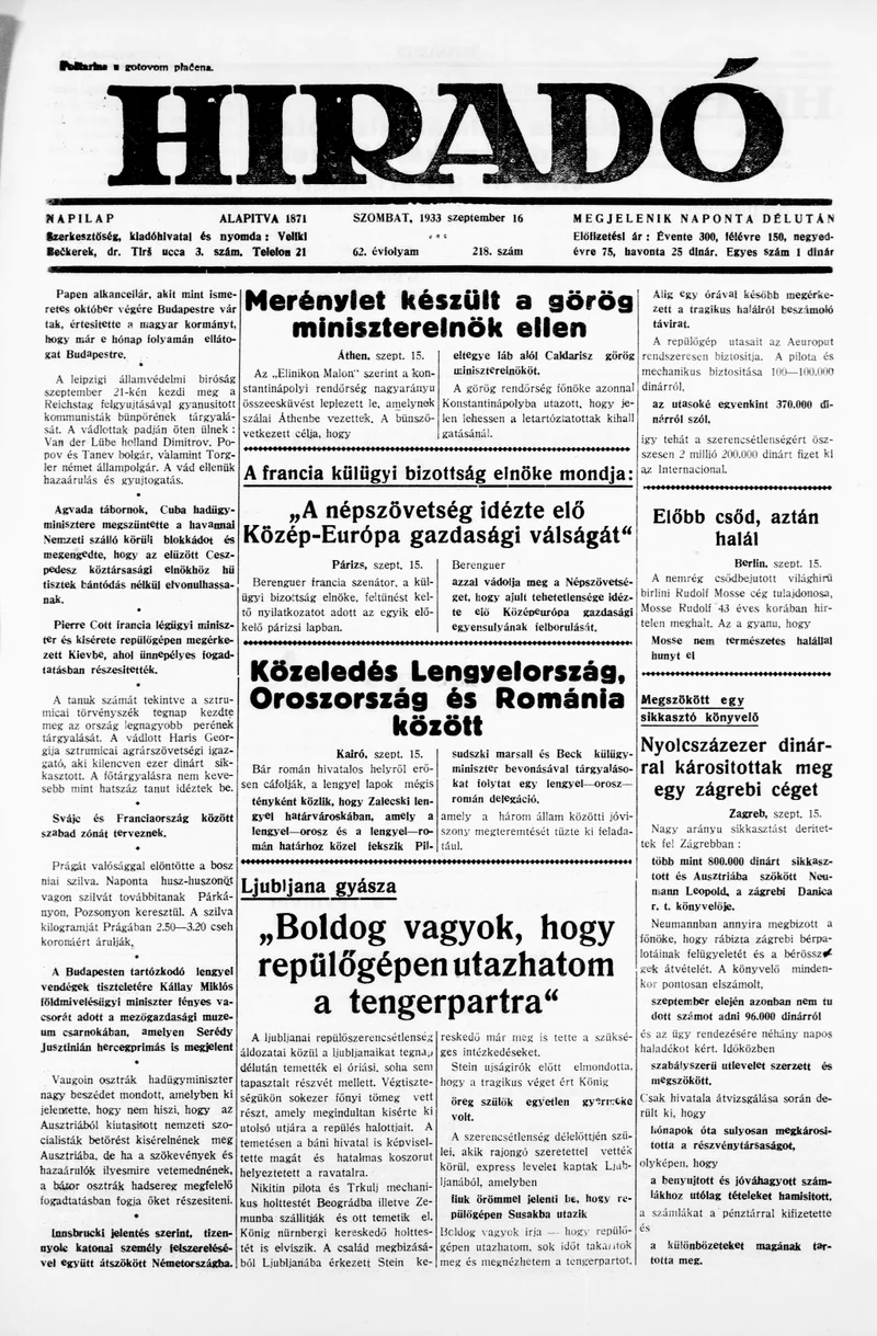 Híradó, 62. évf. 1933. szeptember 16. 218. sz.
