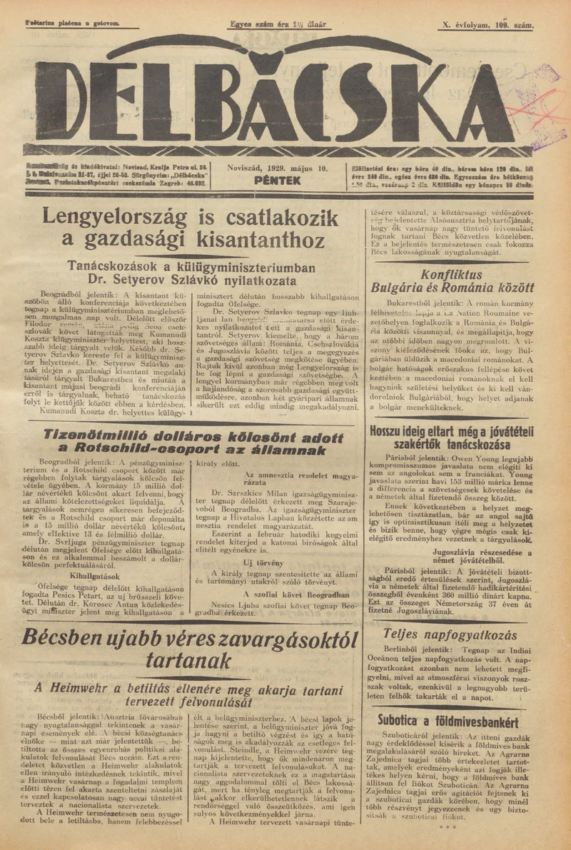 Délbácska, 10. évf. 1929. május 10. 109. sz.