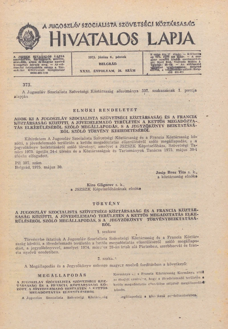 A Jugoszláv Szocialista Szövetségi Köztársaság Hivatalos Lapja, 31. évf. 1975. június 6. 28. sz. 849–900. oldal