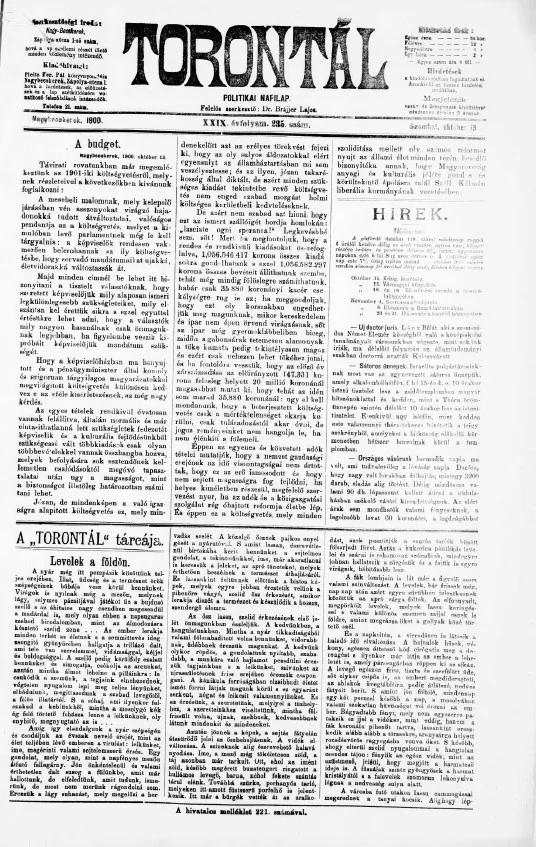 Torontál, 29. évf. 1900. október 13. 235. sz.
