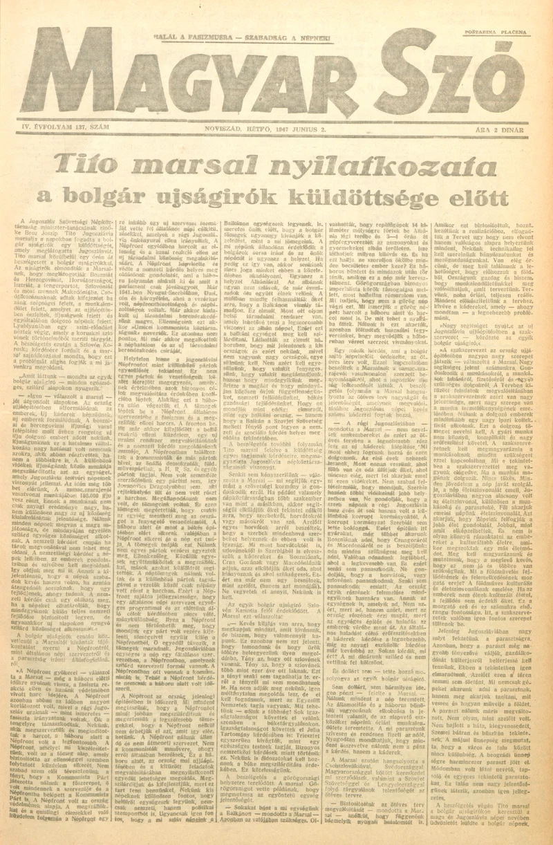 Magyar Szó, 4. évf. 1947. június 2. 137. sz. 1–4. oldal