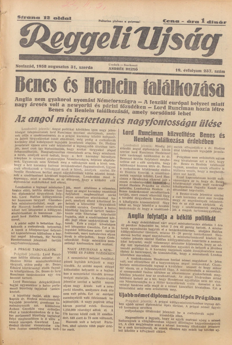 Reggeli Újság, 19. évf. 1938. augusztus 31. 237. sz.