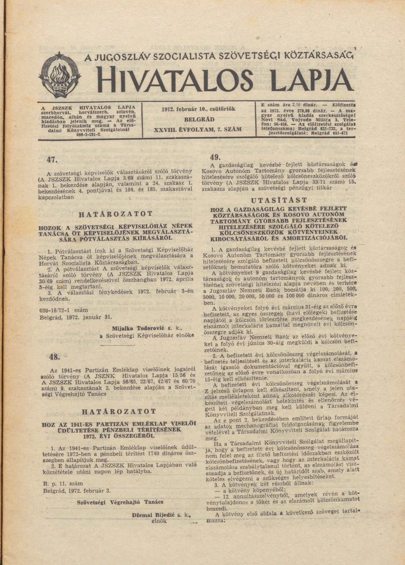 A Jugoszláv Szocialista Szövetségi Köztársaság Hivatalos Lapja, 28. évf. 1972. február 10. 7. sz. 201–216. oldal